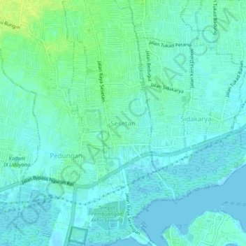 Mapa topográfico Sesetan, altitud, relieve