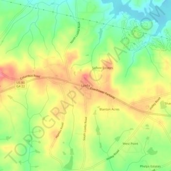 Mapa topográfico Lizella, altitud, relieve