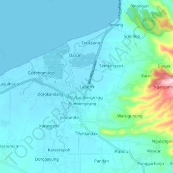 Mapa topográfico Lasem, altitud, relieve