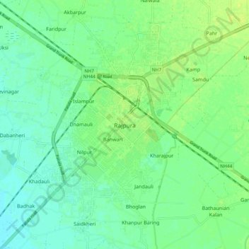 Mapa topográfico Rajpura, altitud, relieve