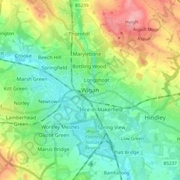 Mapa topográfico Wigan, altitud, relieve