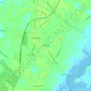 Mapa topográfico Bacon Hill, altitud, relieve