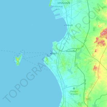 Mapa topográfico พัทยา, altitud, relieve