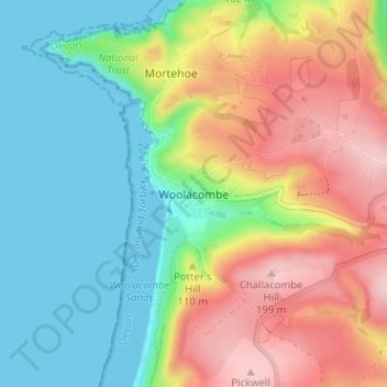 Mapa topográfico Woolacombe, altitud, relieve