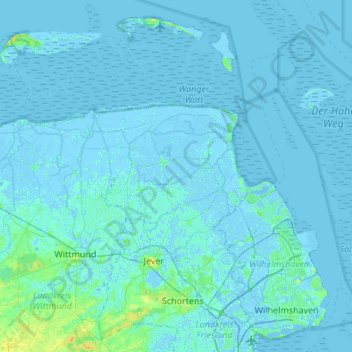 Mapa topográfico Wangerland, altitud, relieve