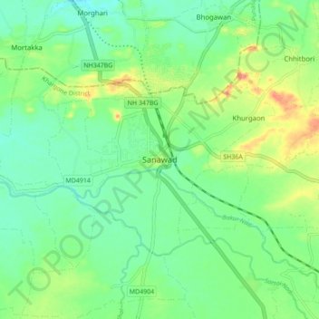 Mapa topográfico Sanawad, altitud, relieve