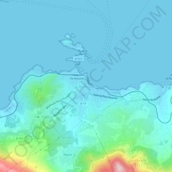 Mapa topográfico L'Île-Rousse, altitud, relieve