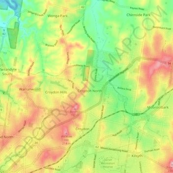 Mapa topográfico Croydon North, altitud, relieve