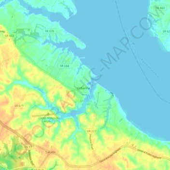 Mapa topográfico Urbanna, altitud, relieve
