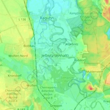Mapa topográfico Jeßnitz (Anhalt), altitud, relieve