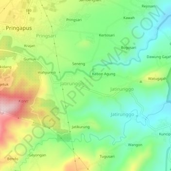 Mapa topográfico Kuncen, altitud, relieve