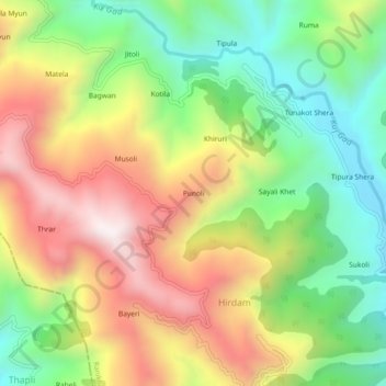 Mapa topográfico Punoli, altitud, relieve