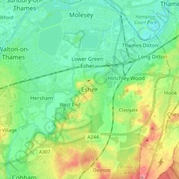 Mapa topográfico Esher, altitud, relieve