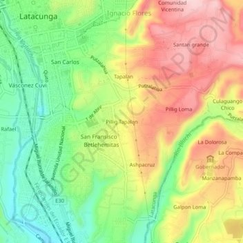 Mapa topográfico Pillig Tapalan, altitud, relieve