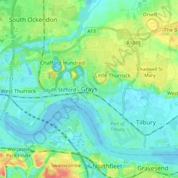 Mapa topográfico Grays, altitud, relieve