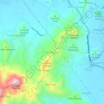 Mapa topográfico Situwangi, altitud, relieve