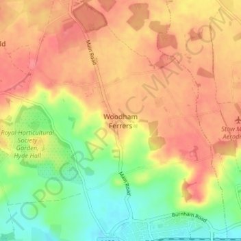 Mapa topográfico Woodham Ferrers, altitud, relieve