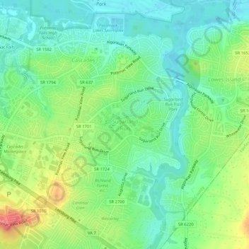 Mapa topográfico Sugarland Run, altitud, relieve