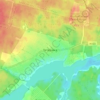 Mapa topográfico Teterivka, altitud, relieve