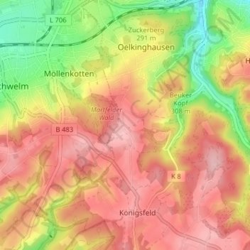 Mapa topográfico Oberthüngen, altitud, relieve