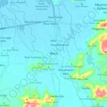 Mapa topográfico Woha, altitud, relieve