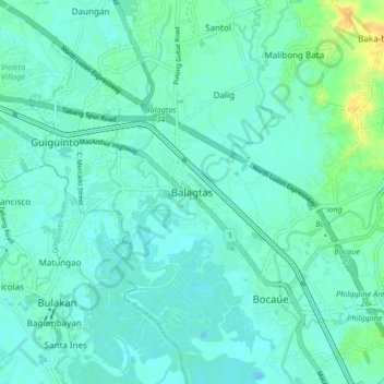 Mapa topográfico Balagtas, altitud, relieve