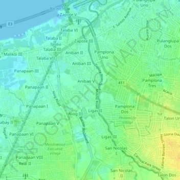 Mapa topográfico Ligas 1, altitud, relieve