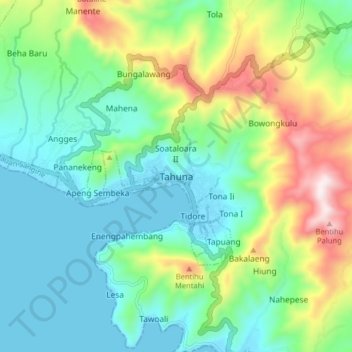 Mapa topográfico Tahuna, altitud, relieve