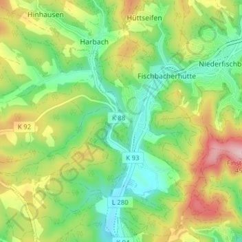 Mapa topográfico Tüschebachsmühle, altitud, relieve