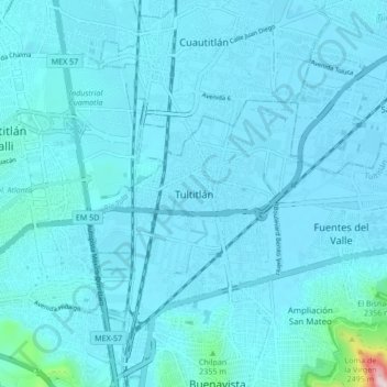 Mapa topográfico Tultitlán, altitud, relieve