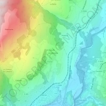 Mapa topográfico Les Nevières, altitud, relieve
