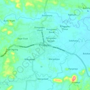 Mapa topográfico Pringsewu, altitud, relieve