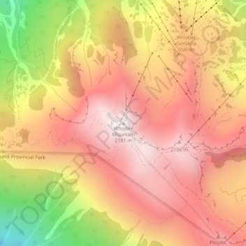 Mapa topográfico Whistler Mountain, altitud, relieve