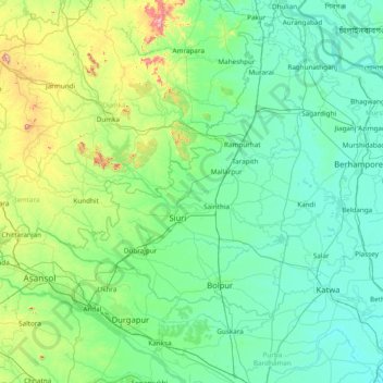 Mapa topográfico Bīrbhūm, altitud, relieve