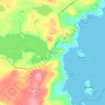 Mapa topográfico Tors Cove, altitud, relieve