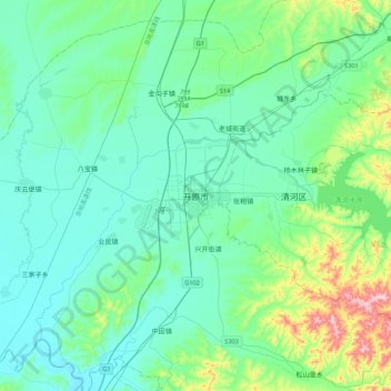 Mapa topográfico Kaiyuan, altitud, relieve
