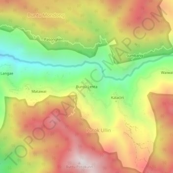 Mapa topográfico Buntu Lenta, altitud, relieve