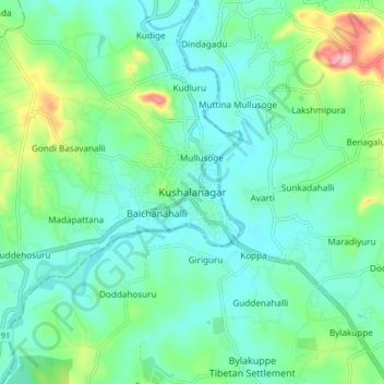 Mapa topográfico Kushalanagara, altitud, relieve