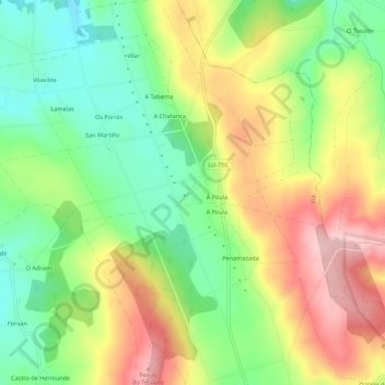 Mapa topográfico Saviñao, altitud, relieve
