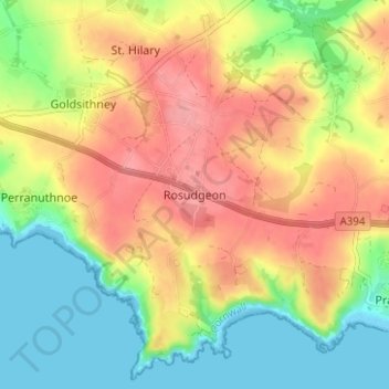 Mapa topográfico Rosudgeon, altitud, relieve