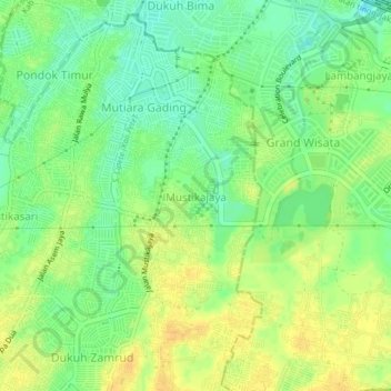 Mapa topográfico Mustikajaya, altitud, relieve
