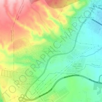 Mapa topográfico Hassi Bouamama, altitud, relieve