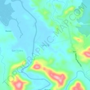 Mapa topográfico Lanang, altitud, relieve