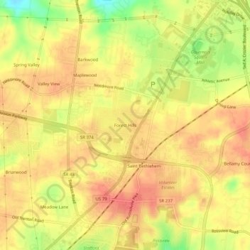 Mapa topográfico Forest Hills, altitud, relieve