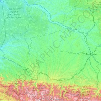 Mapa topográfico Gascony, altitud, relieve