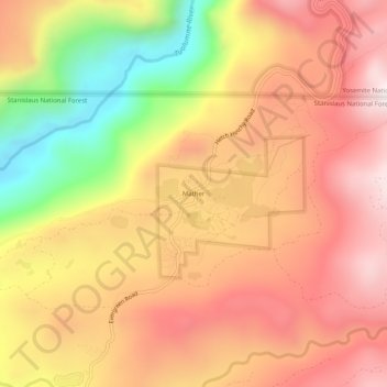 Mapa topográfico Mather, altitud, relieve