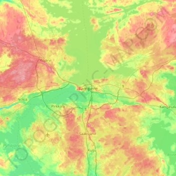 Mapa topográfico Tampere, altitud, relieve