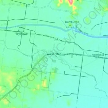 Mapa topográfico Walkerston, altitud, relieve