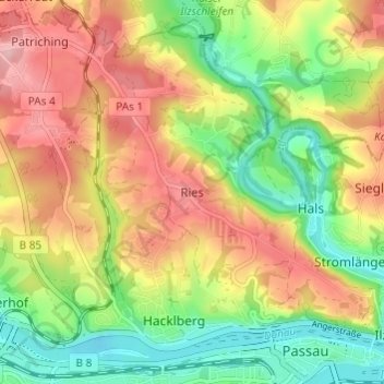 Mapa topográfico Ries, altitud, relieve