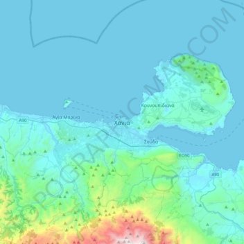 Mapa topográfico La Canea, altitud, relieve